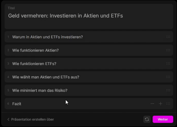 Die Gliederung zu meiner Beispielpräsentation zum Thema Geldanlage mit Aktien und ETFs