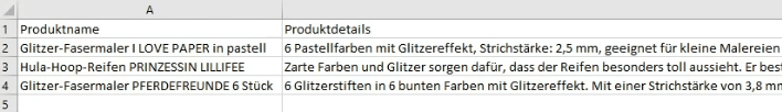 Produktnamen und Produktdetails in einer CSV-Datei